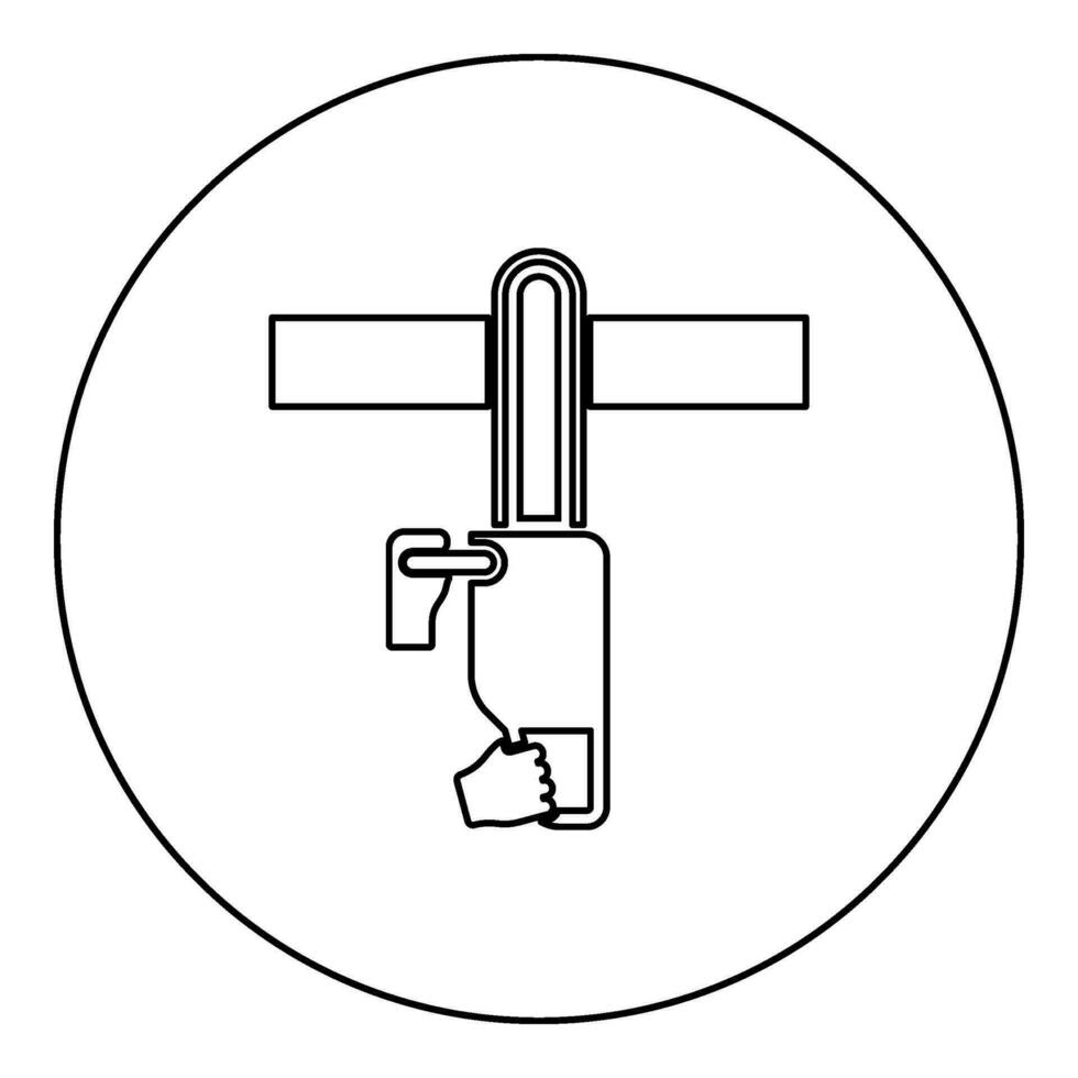 Chainsaw sawing board woodchopper concept lumberjack arborist cutting deforestation prunes sprinking icon in circle round black color vector illustration image outline contour line thin style