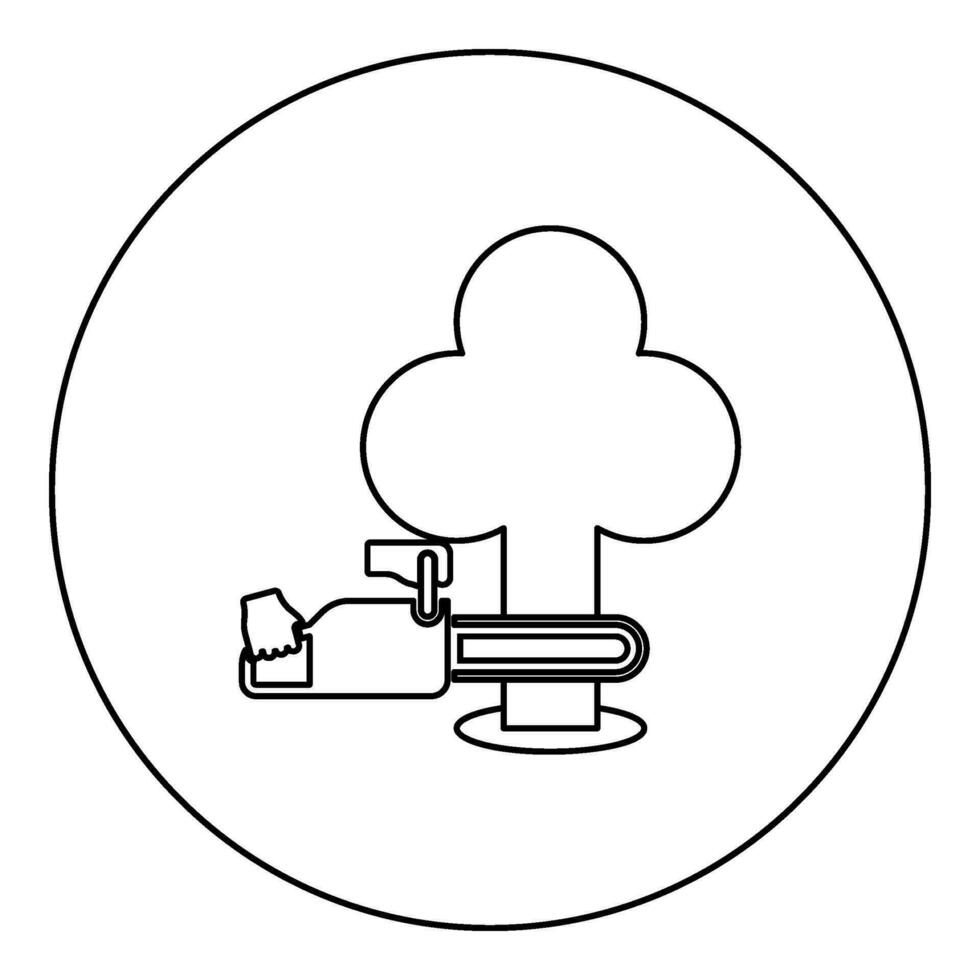 Chainsaw sawing board woodchopper concept lumberjack arborist cutting deforestation prunes sprinking icon in circle round black color vector illustration image outline contour line thin style