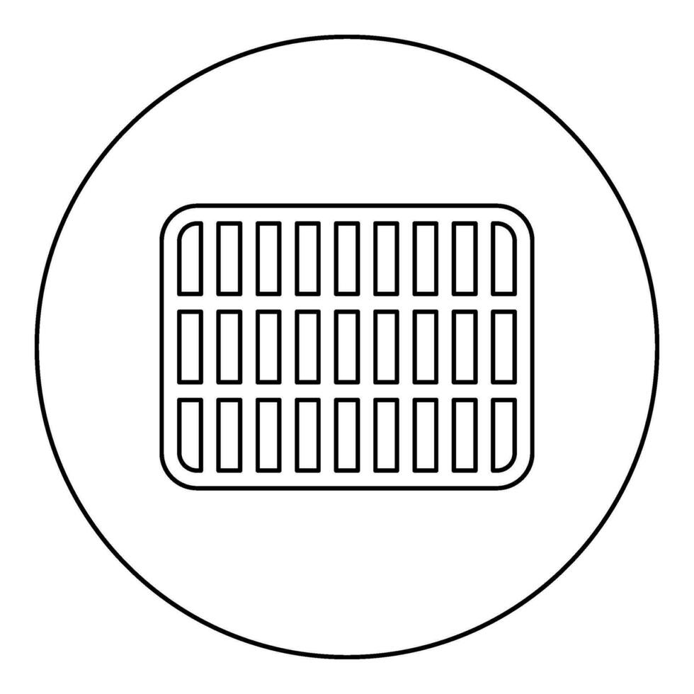 Grating grate lattice trellis net mesh BBQ grill grilling surface rectangle shape roundness icon in circle round black color vector illustration image outline contour line thin style