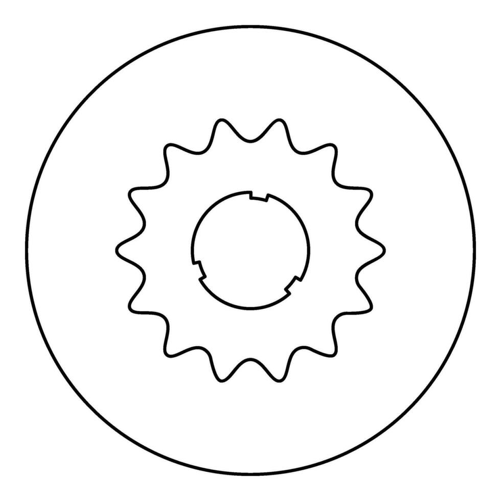 Cogset sprocket bicycle star gear service sprocket cogs wheel with teeth engages with chain icon in circle round black color vector illustration image outline contour line thin style