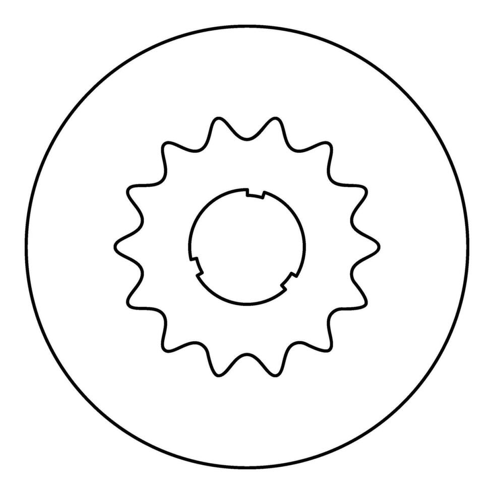 Cogset sprocket bicycle star gear service sprocket cogs wheel with teeth engages with chain icon in circle round black color vector illustration image outline contour line thin style