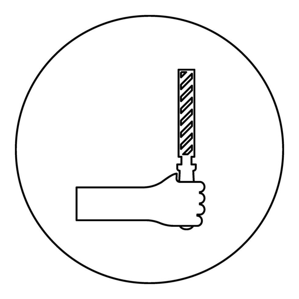 File tool in hand metal rasp in arm use manual instrument equipment for carpentry work icon in circle round black color vector illustration image outline contour line thin style