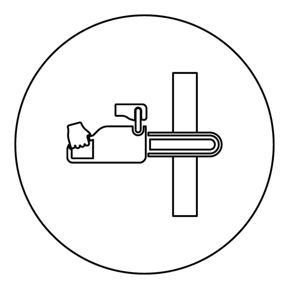 Chainsaw sawing board woodchopper concept lumberjack arborist cutting deforestation prunes sprinking icon in circle round black color vector illustration image outline contour line thin style