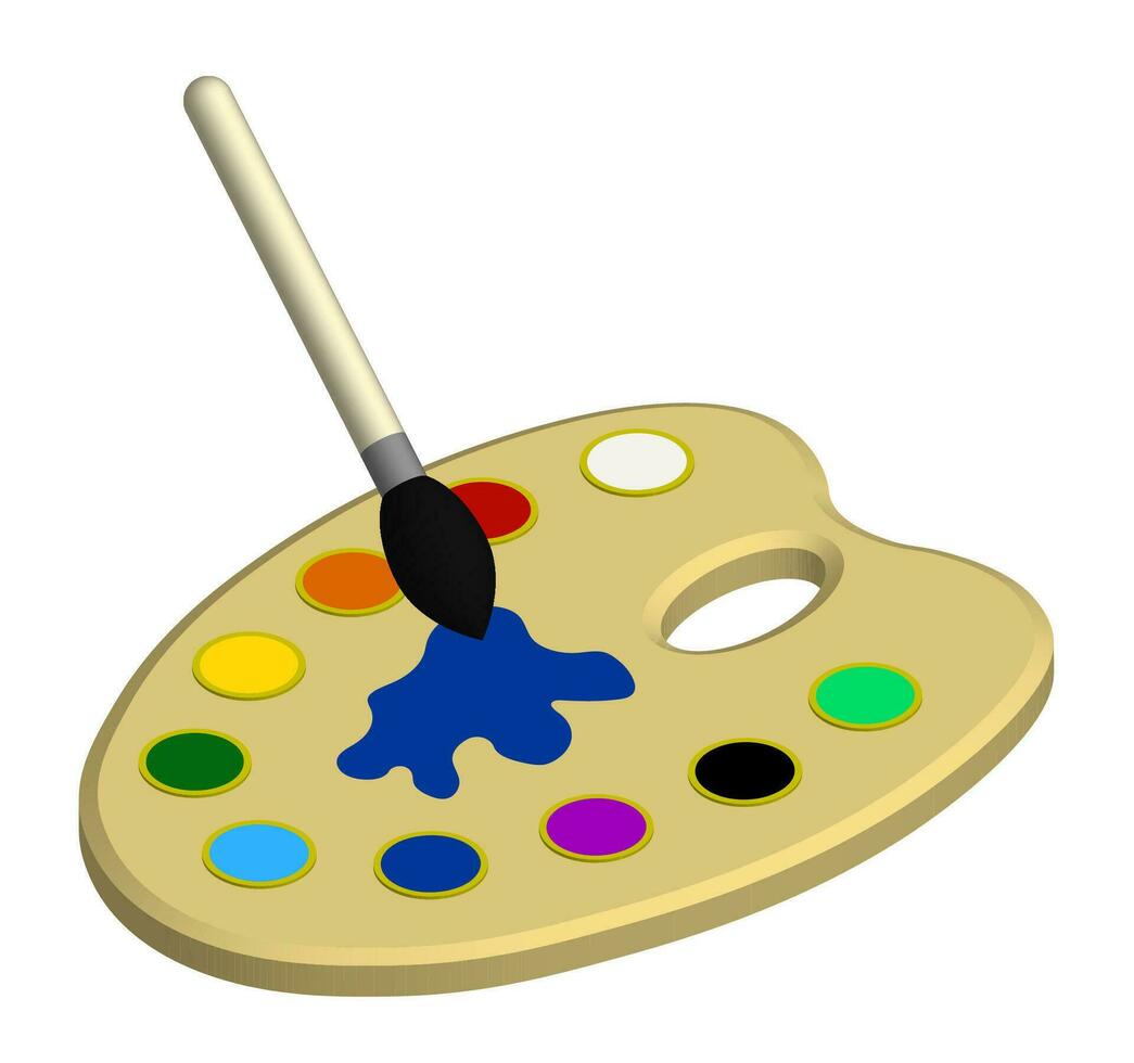 isométrica pintor paleta con multicolor acuarelas y Arte cepillar. papelería para colegio y creatividad. realista 3d vector