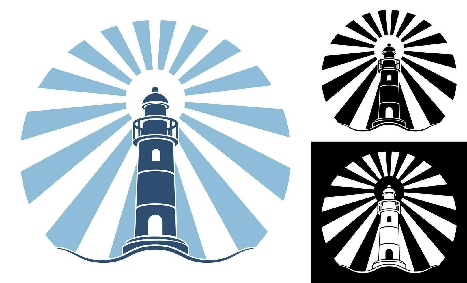 sea marine coastal lighthouse illuminates way. Safe and secure route selection in shipping area. Vector