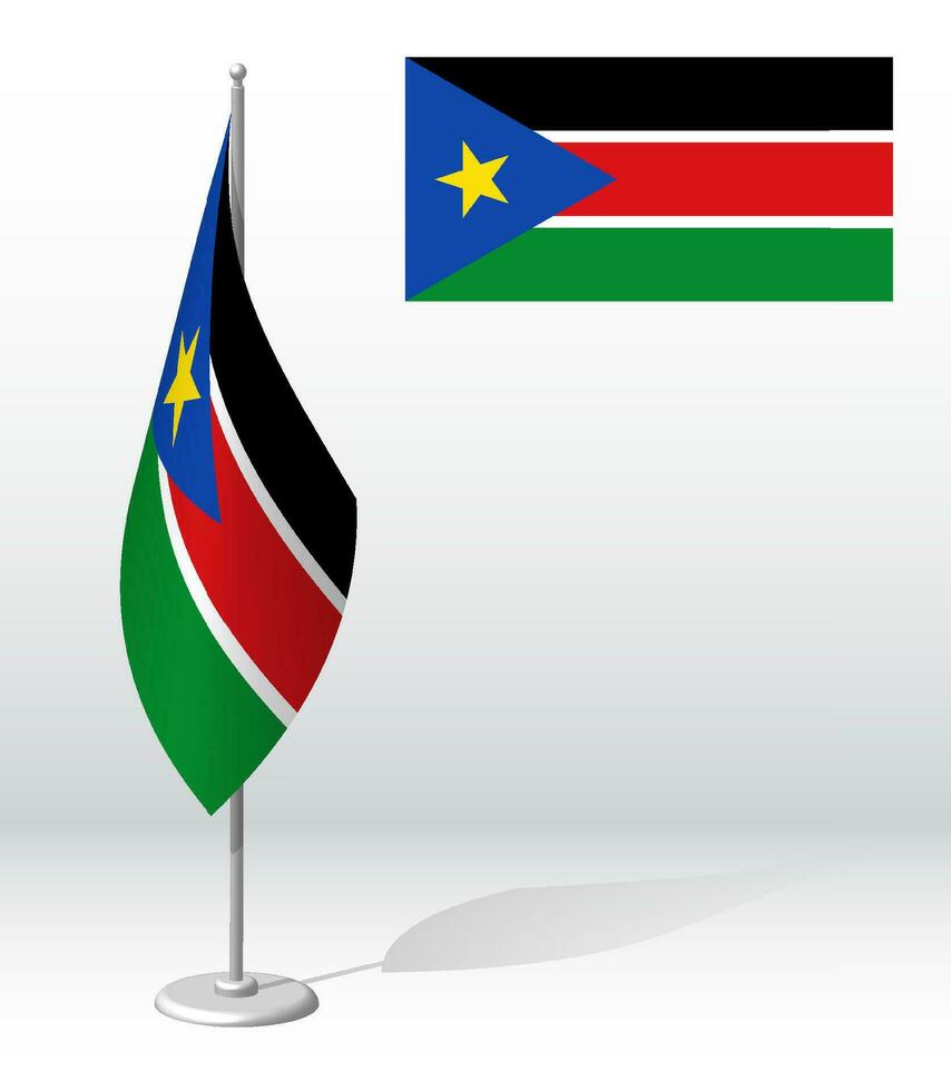 South Sudan flag on flagpole for registration of solemn event, meeting foreign guests. National independence day of South Sudan. Realistic 3D vector on white