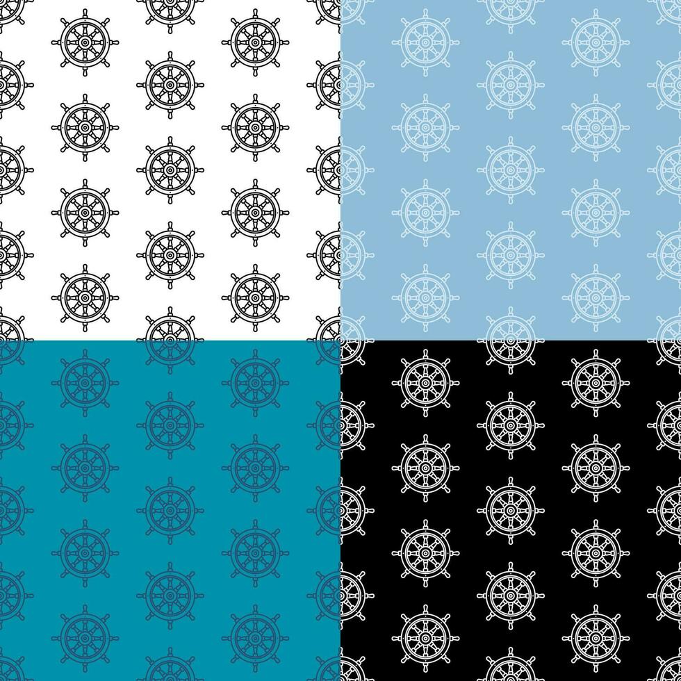 set of seamless patterns with Steering wheel ship icon, fishing boat. Ornament for decoration and printing on fabric. Design element. Vector