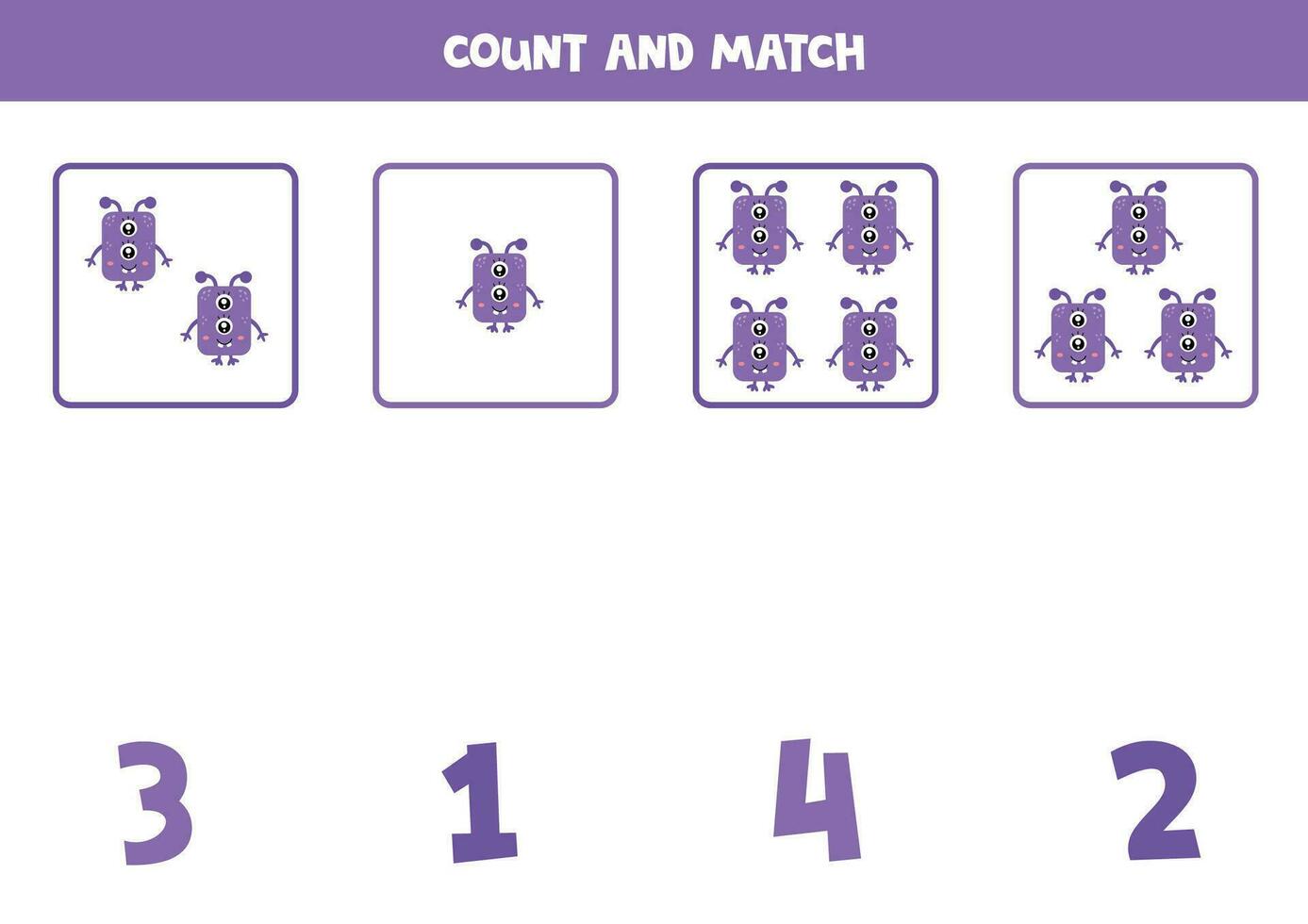 Counting game for kids. Count all purple monsters and match with numbers. Worksheet for children. vector