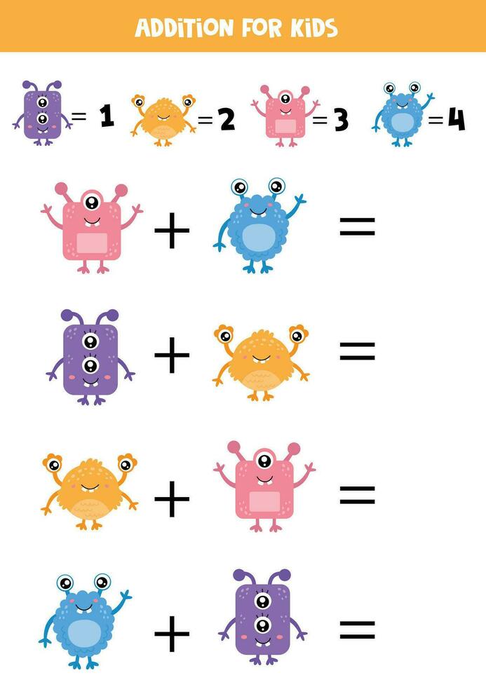 Addition for kids with different cute colorful cartoon monsters. vector