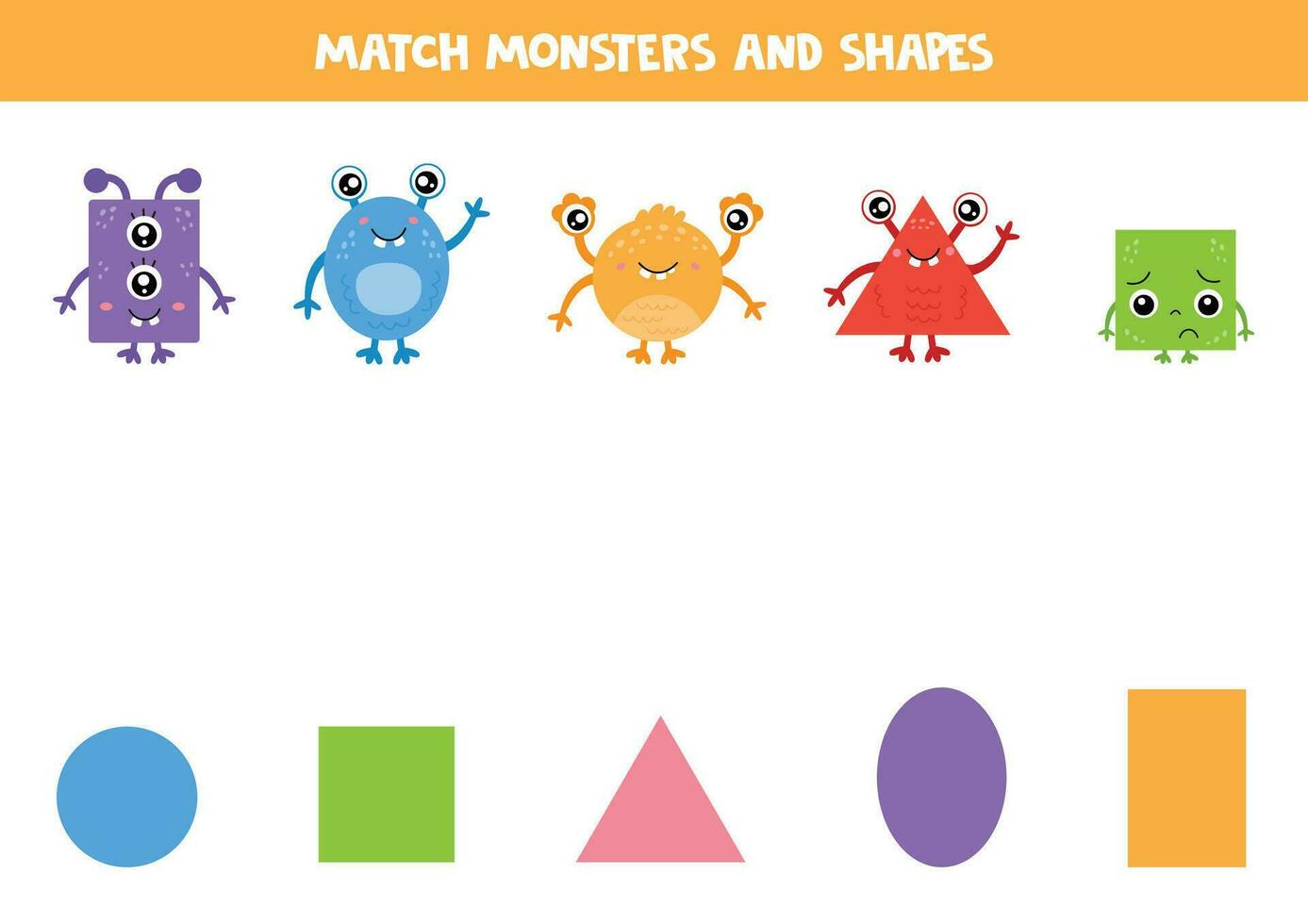 Match shapes and cute cartoon monsters. Worksheet for kids. 36379849