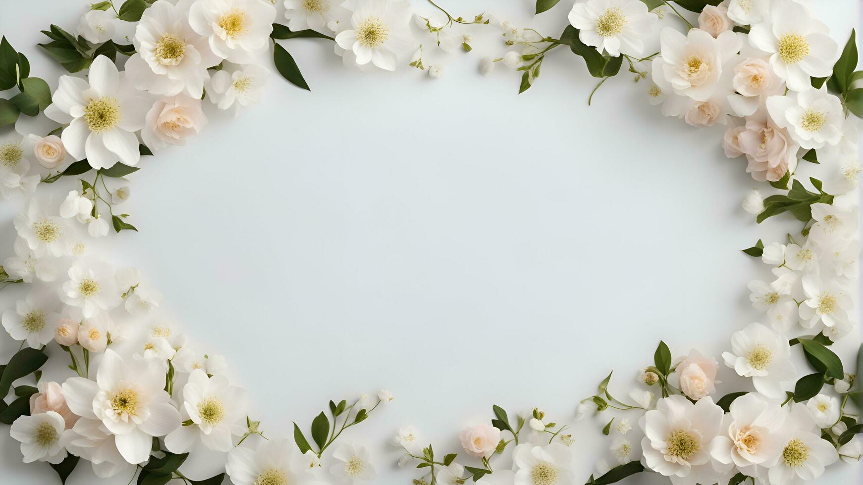 AI generated Frame made of beautiful flowers on white background. flat lay. Space for text photo