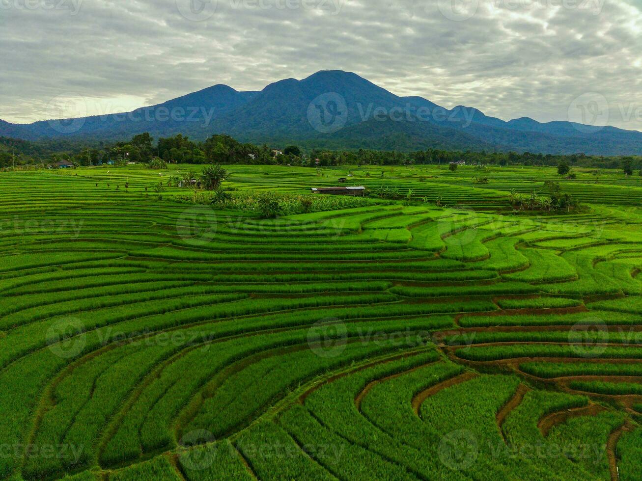 the beauty of the morning panorama with sunrise in indonesia village photo