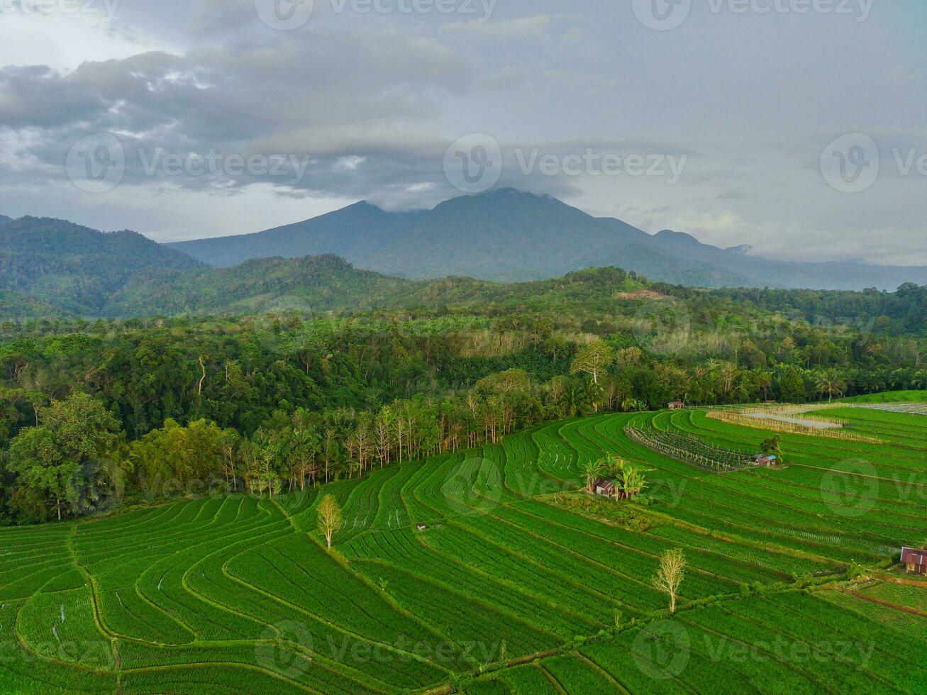 the beauty of the morning panorama with sunrise in indonesia village photo