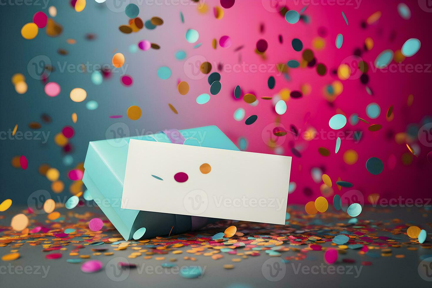 AI generated Invitation mockup on the background of colored confetti. AI generated photo