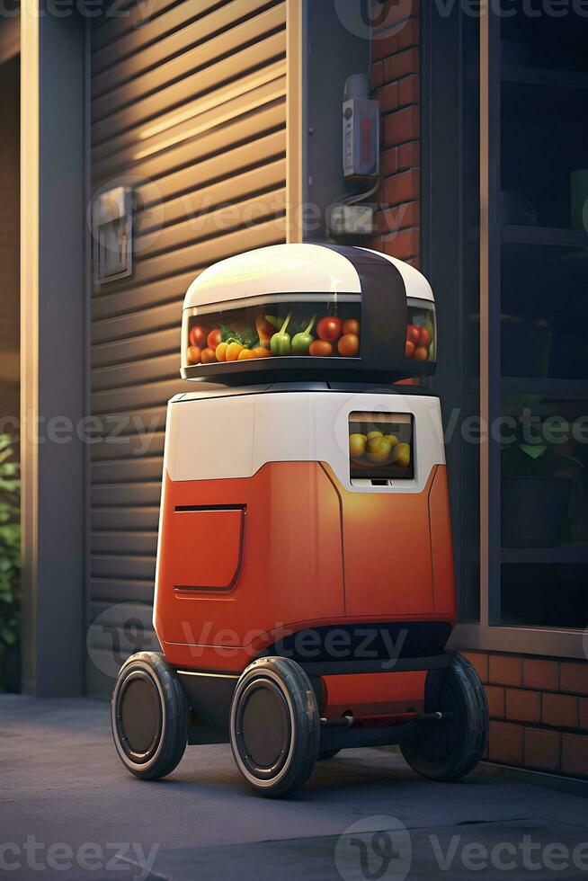 AI generated Delivery robot carries vegetables from the supermarket. AI generated photo