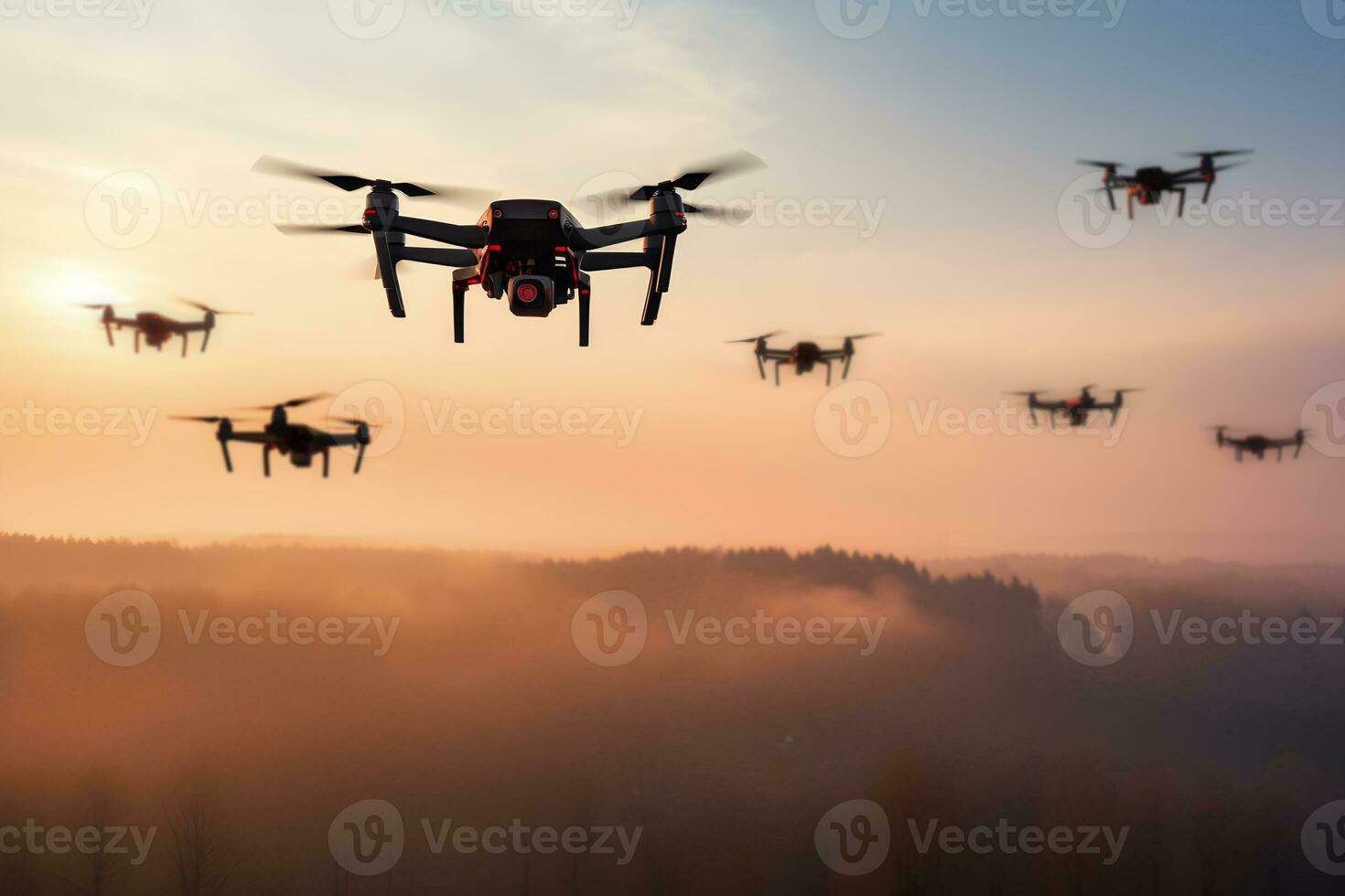 AI generated An army of drones flies over forest in sunlight. AI generated photo