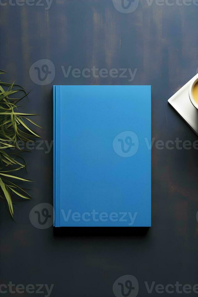 AI generated Mock up of a blue note book on the table. Minimalism. AI generated photo