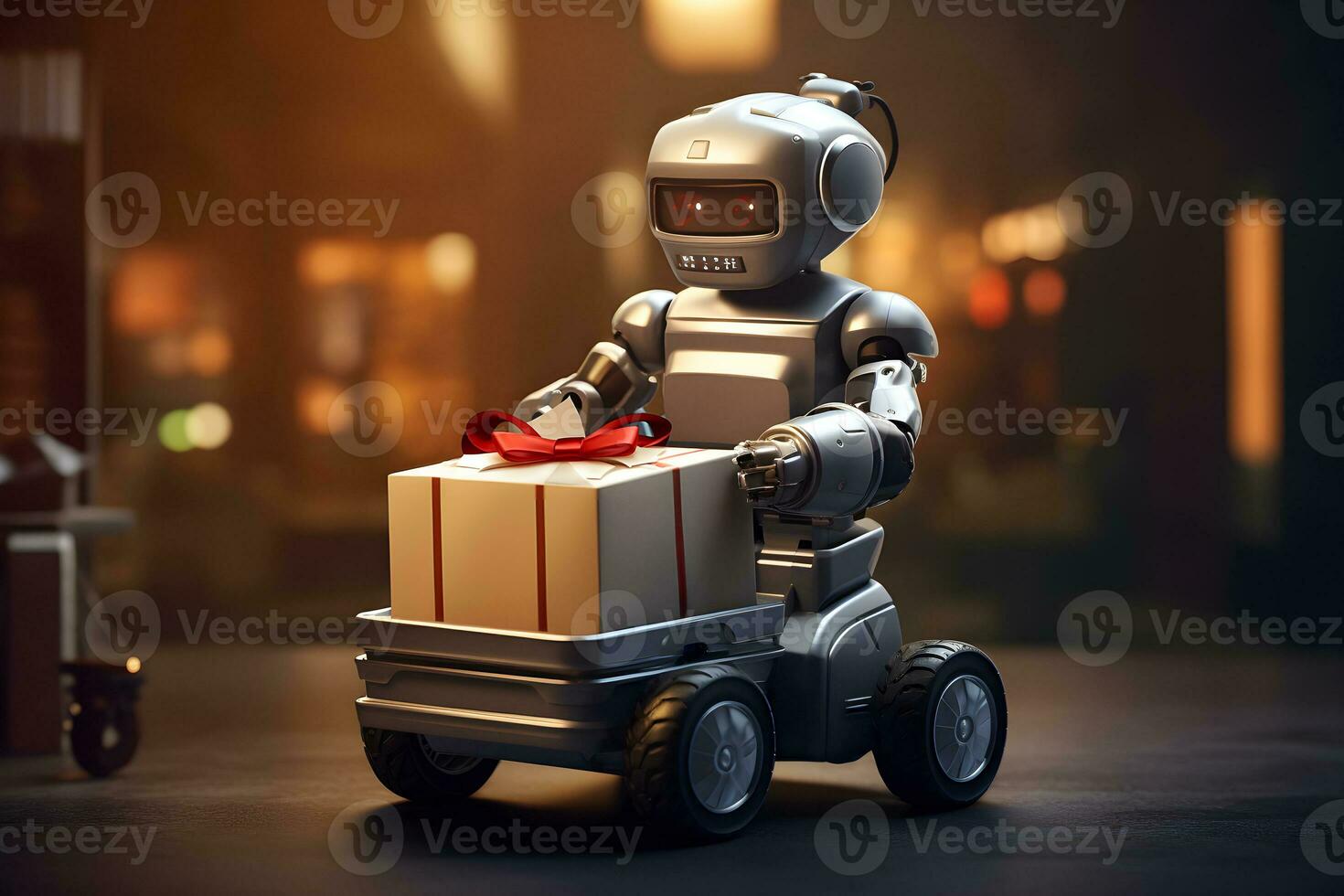 AI generated Delivery robot carrying a Christmas gift. AI generated photo