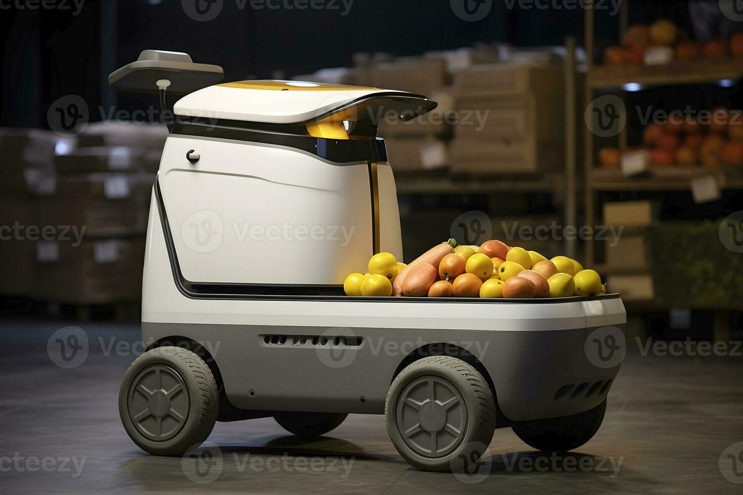 AI generated Delivery robot carries vegetables from the supermarket. AI generated photo