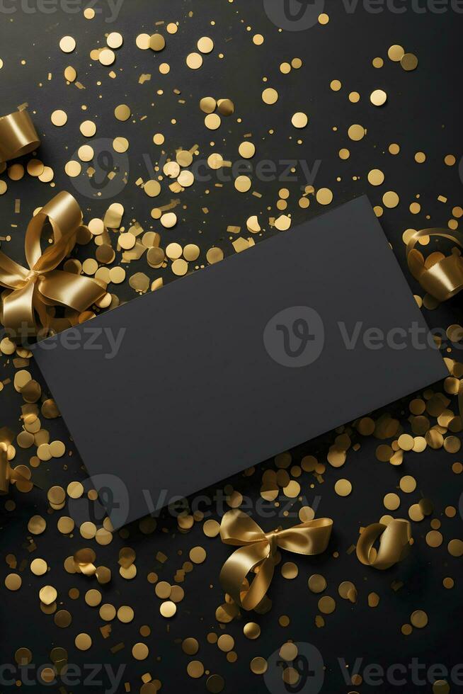 AI generated Black stylish invitation or card mockup with gold confetti. AI generated photo