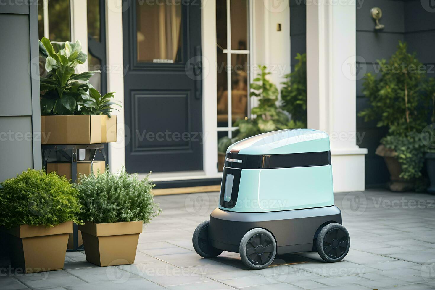 AI generated Delivery robot at the doorstep. AI generated photo