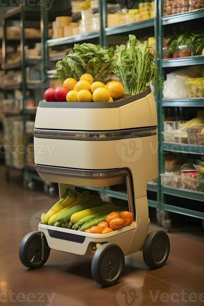 AI generated Delivery robot carries vegetables from the supermarket. AI generated photo
