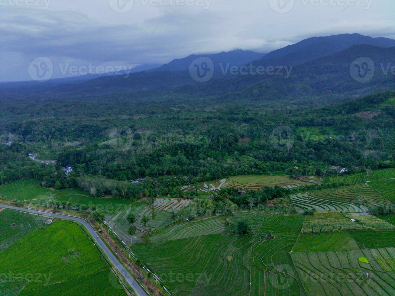 the beauty of the morning panorama with sunrise in indonesia village photo