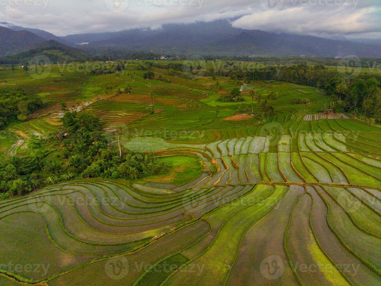the beauty of the morning panorama with sunrise in indonesia village photo