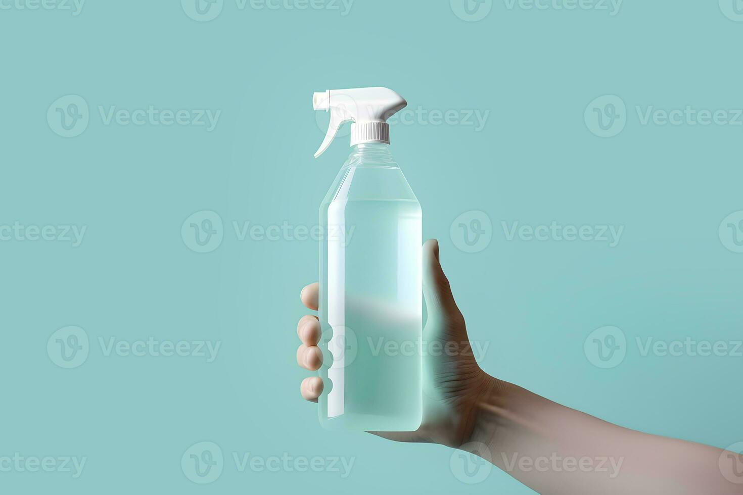 AI generated Glass cleaner in a man's hand on a blue background. AI generated photo