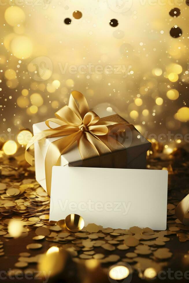 AI generated Mockup of a postcard next to a Christmas gift in gold confetti. AI generated photo