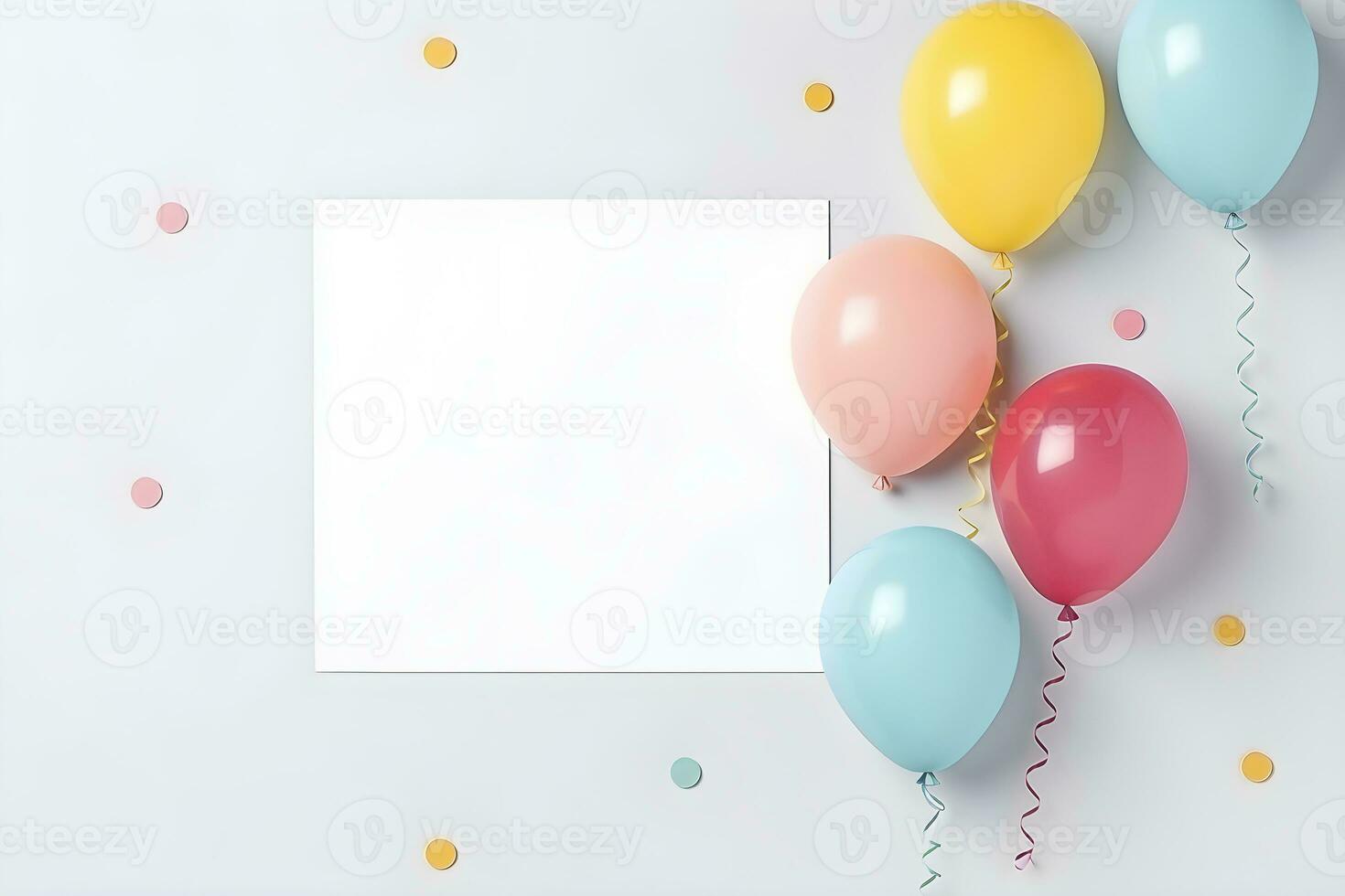 ai generado burlarse de arriba de fiesta tarjeta con vistoso globos ai generado foto