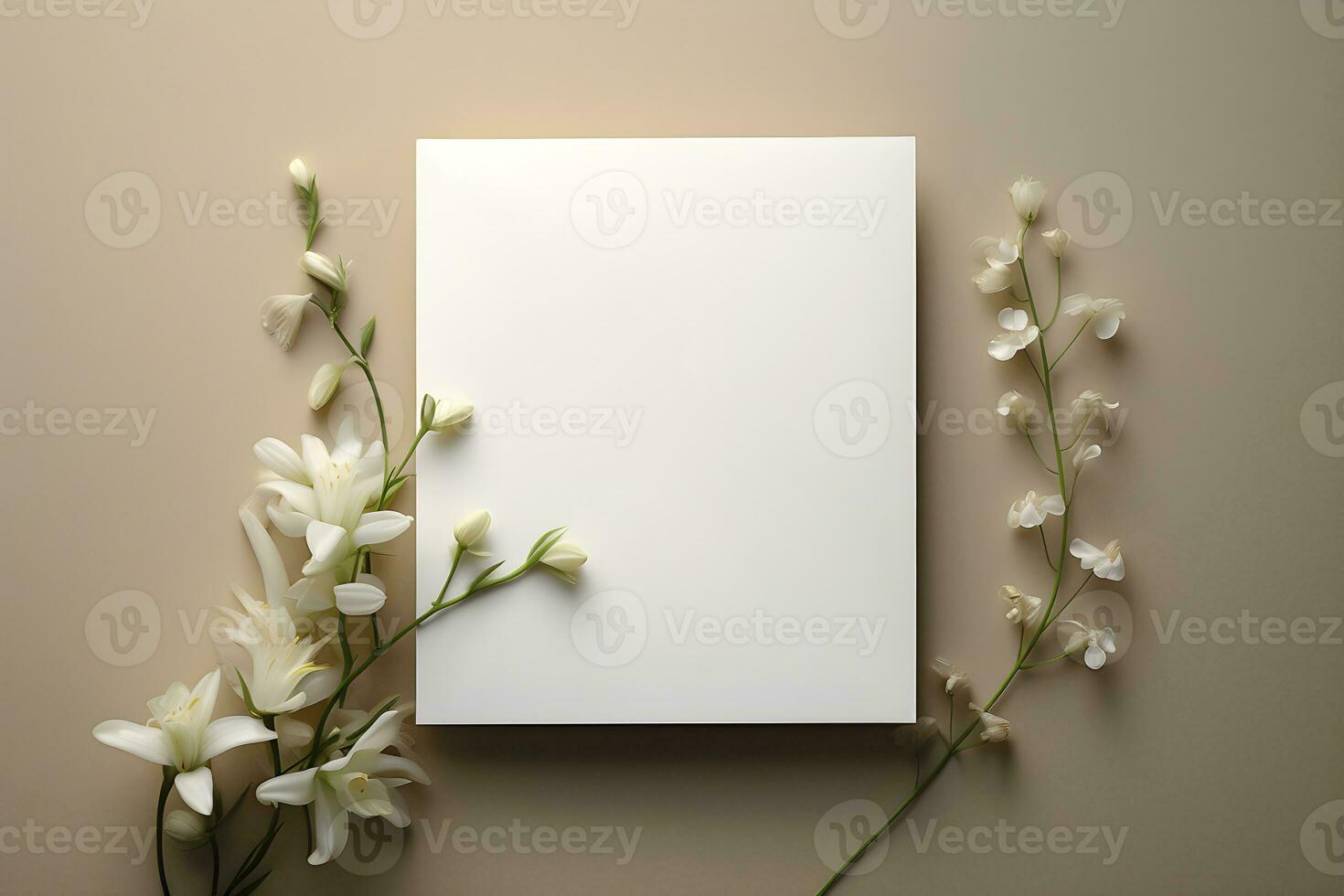 AI generated Invitation mockup on a beige background with flowers. AI generated photo