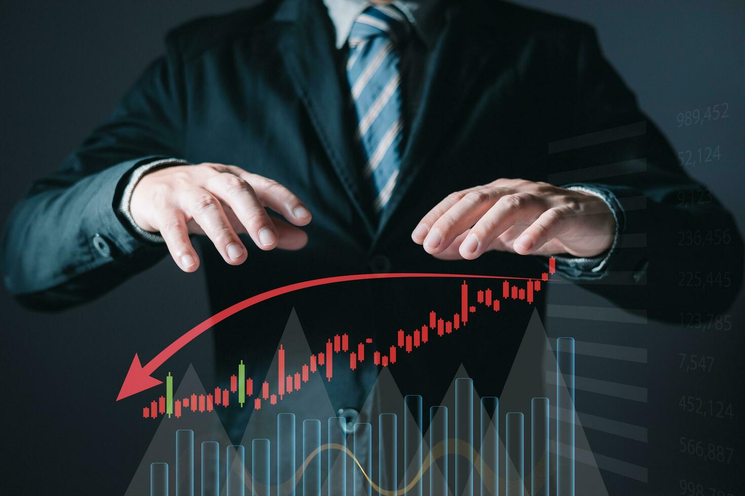 Business failure in the hands of businessmen. the graph downtrend, bear stock market, economic crisis, or recession. photo