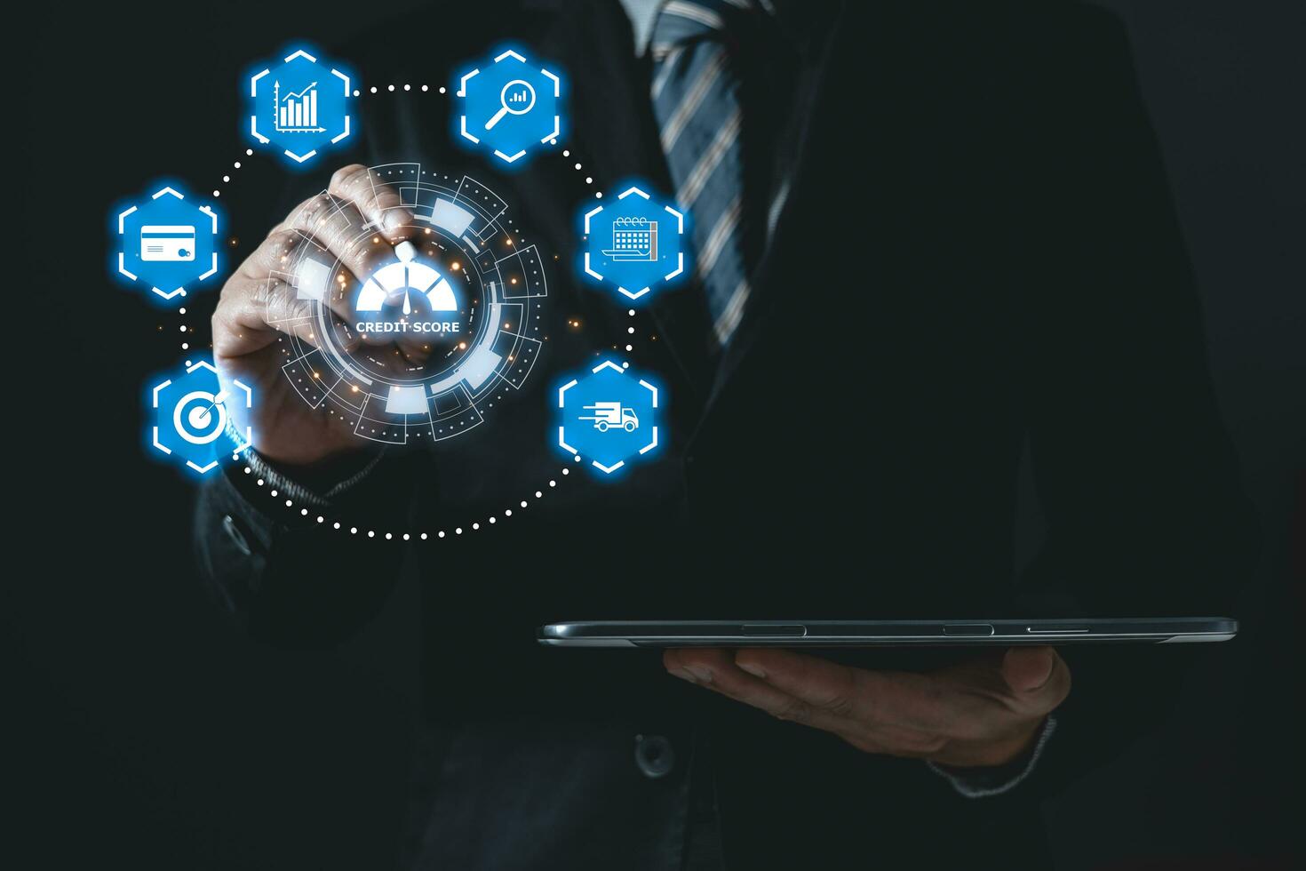 hand touch hologram credit report score to plan in e-business, and buy or purchase produce payment online. The concept of finance and online shopping. photo
