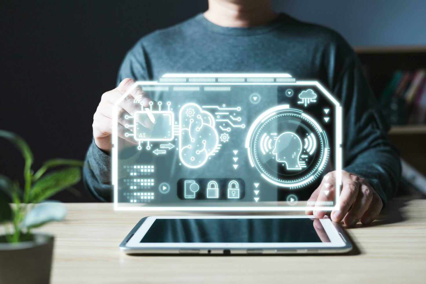 a person uses an Ai chip.new technology big data and business process strategy, customer service management.Digital transformation change management,internet of things.cloud computing.Ai technology. photo