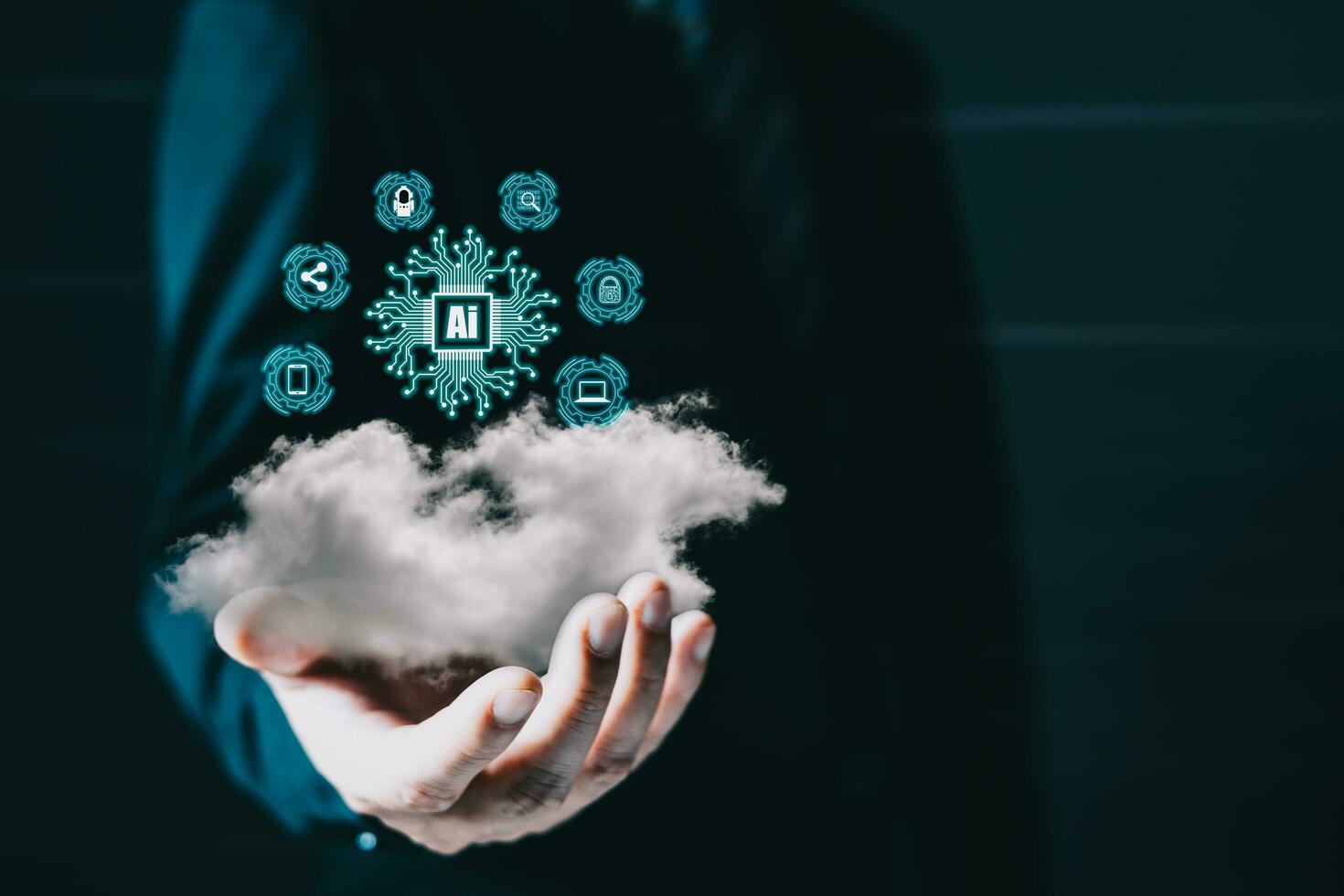 man hold cloud computing  system diagram show on hand.Data storage.Digital technology network service business in wireless storage concept. Implementing storage technology support in business. photo