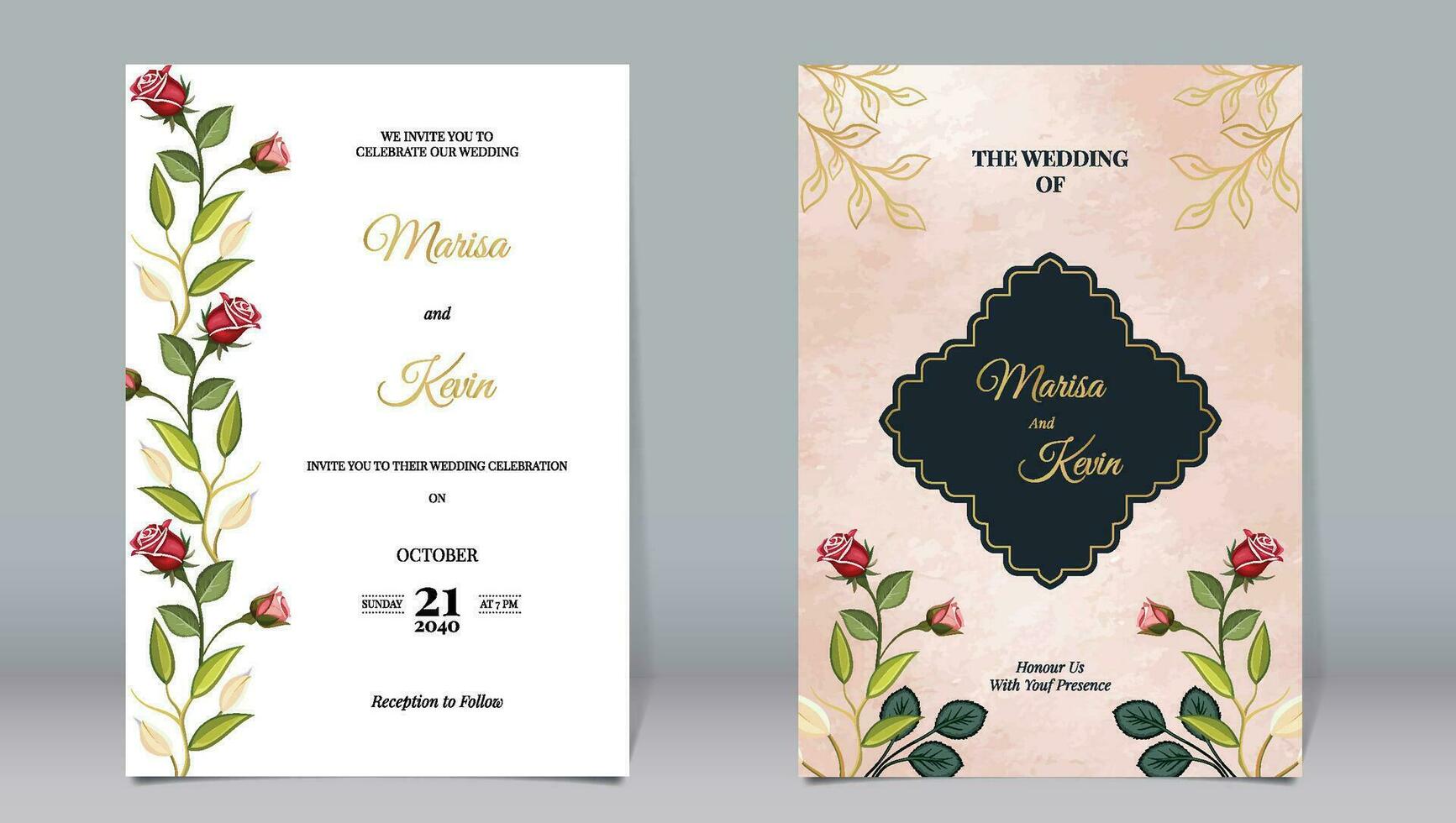 Luxury wedding invitation pink rose flowers and gold carved elements decorated with watercolor background vector