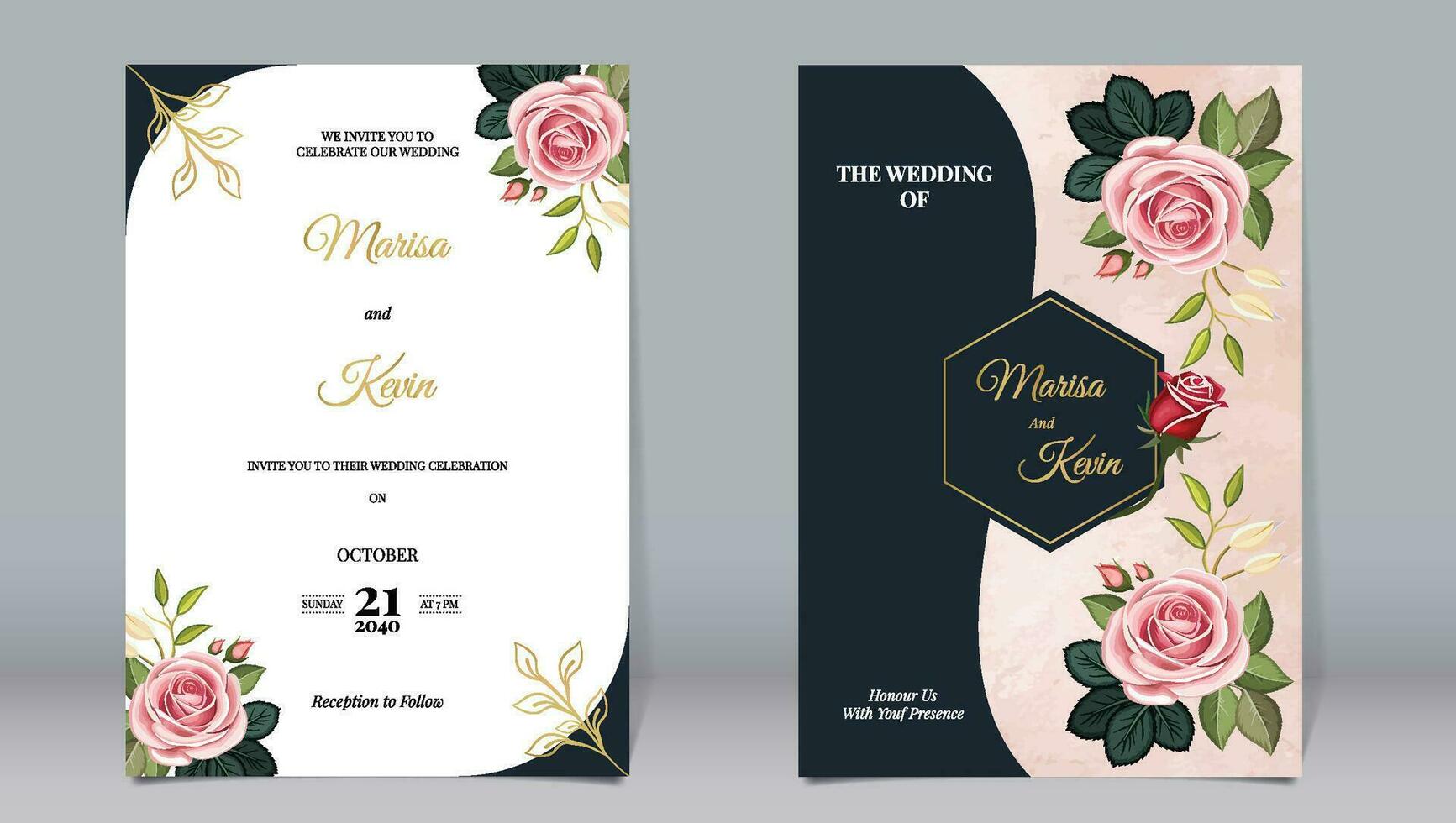 Luxury wedding invitation pink rose flowers and dark polygon elements decorate with watercolor background vector