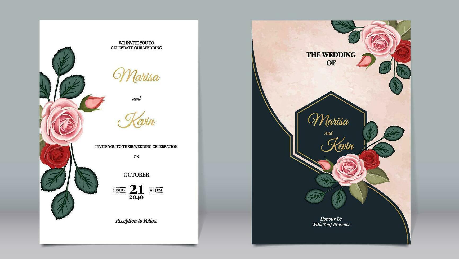 Luxury wedding invitation red and pink roses dark polygon elements decorate with watercolor background vector