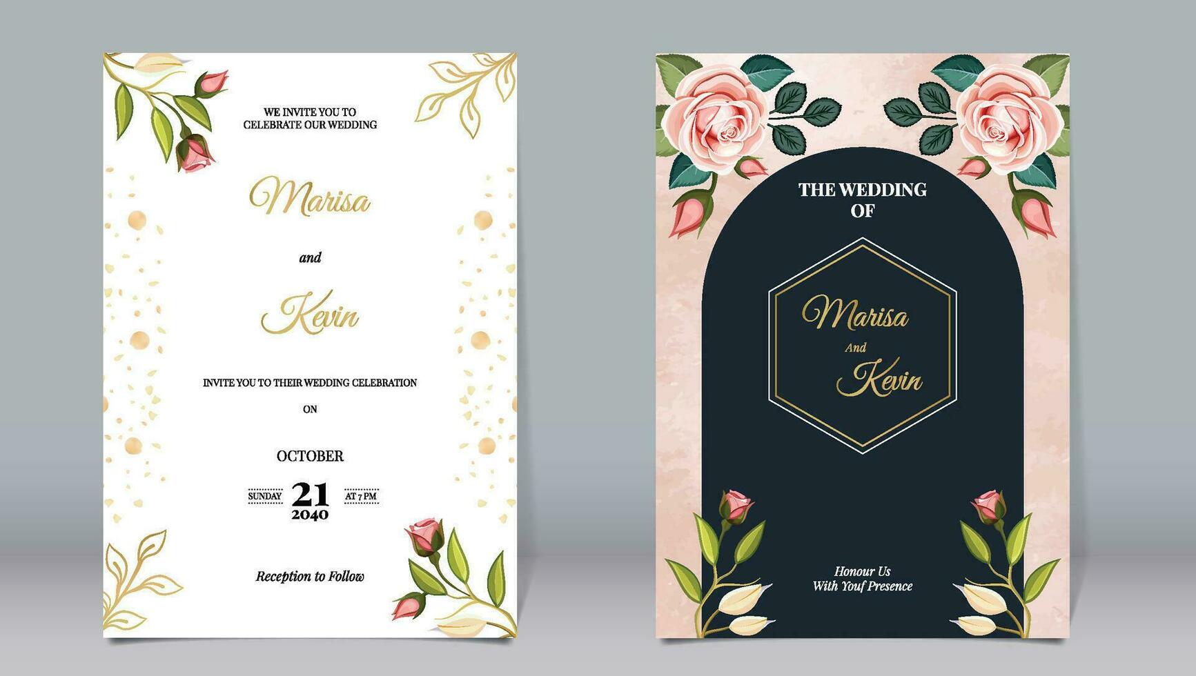 Luxury wedding invitation pink rose flowers and gold polygon elements decorate with watercolor background vector