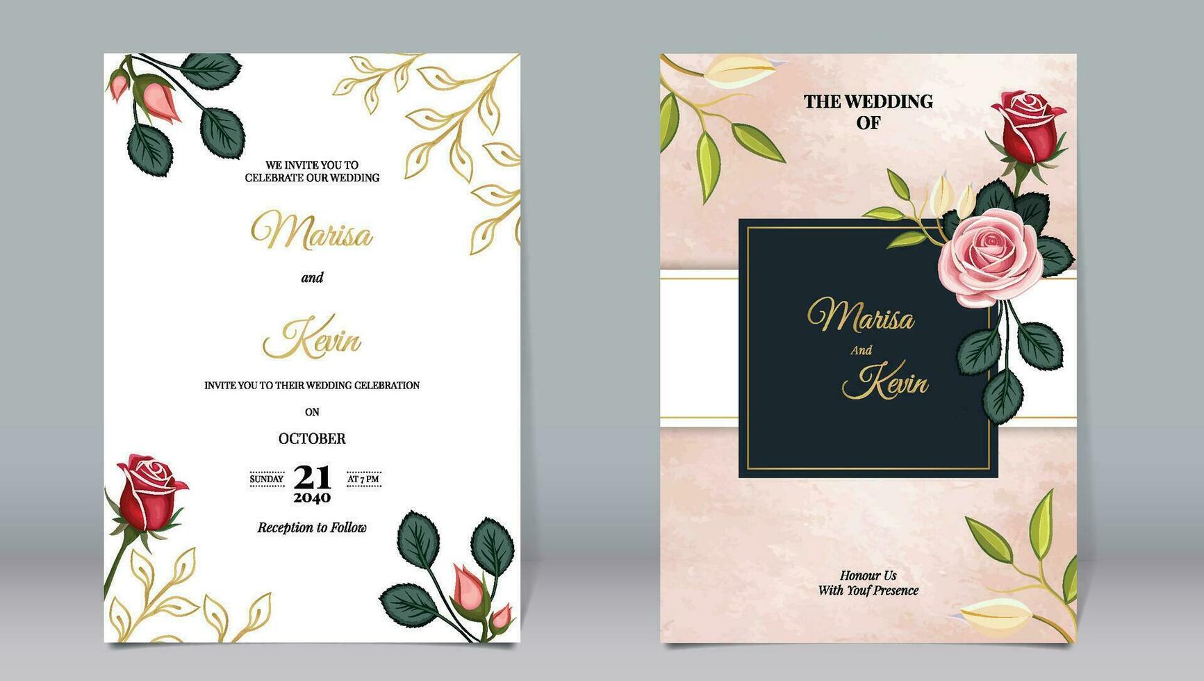 Luxury wedding invitation pink rose flowers and leaves decorate elements with watercolor background vector