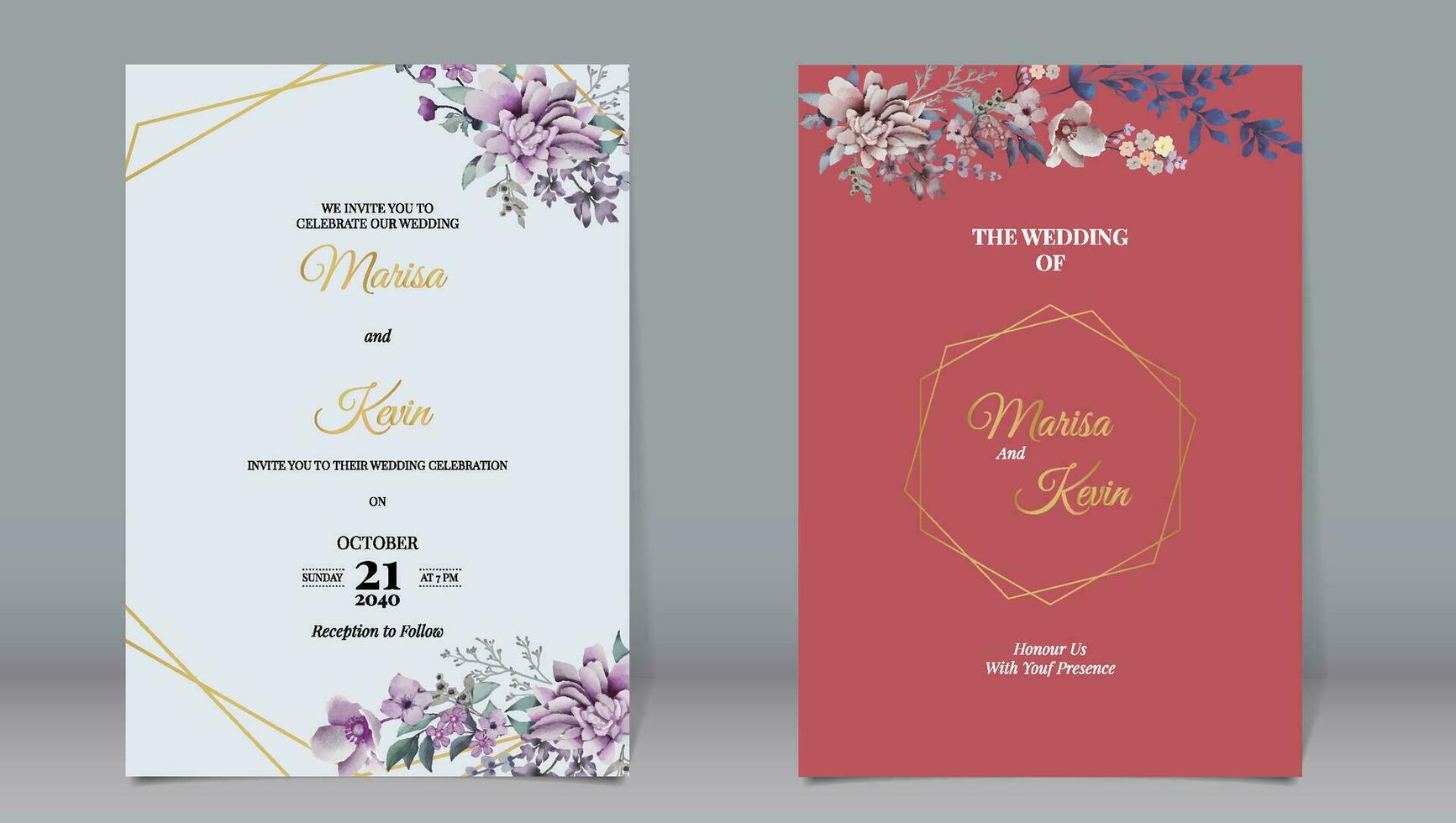 Elegant wedding invitation with various polygon gold line watercolor style leaves and brick red background vector