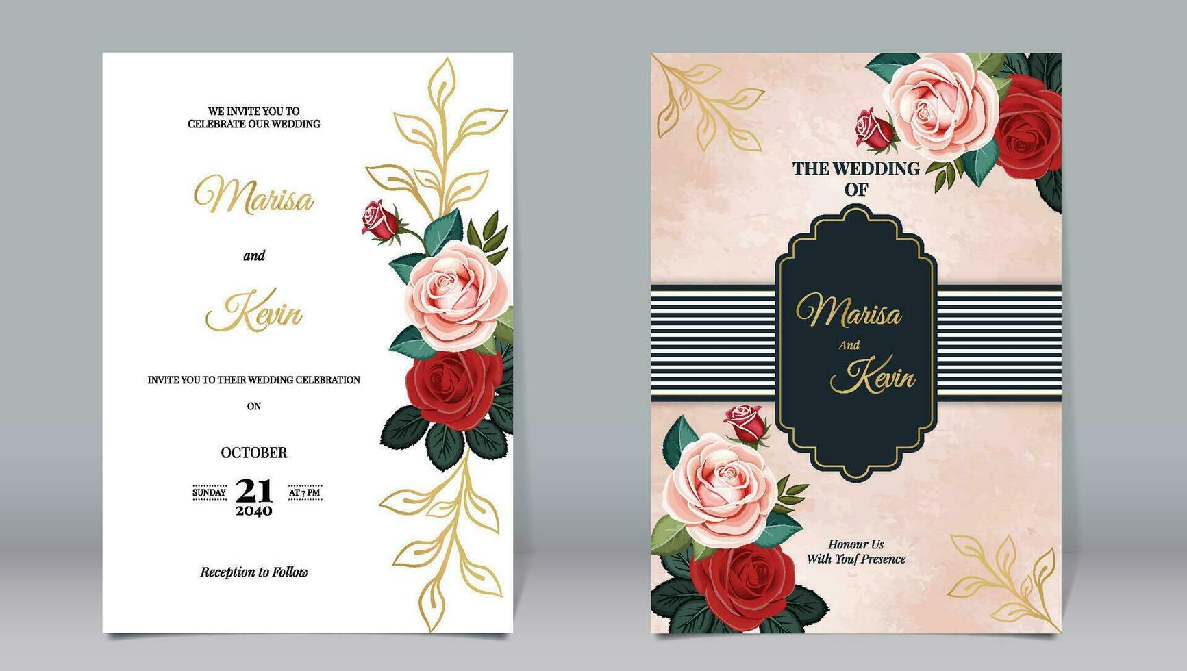 Luxury wedding invitation pink rose flowers and gold carved elements decorated with watercolor background vector