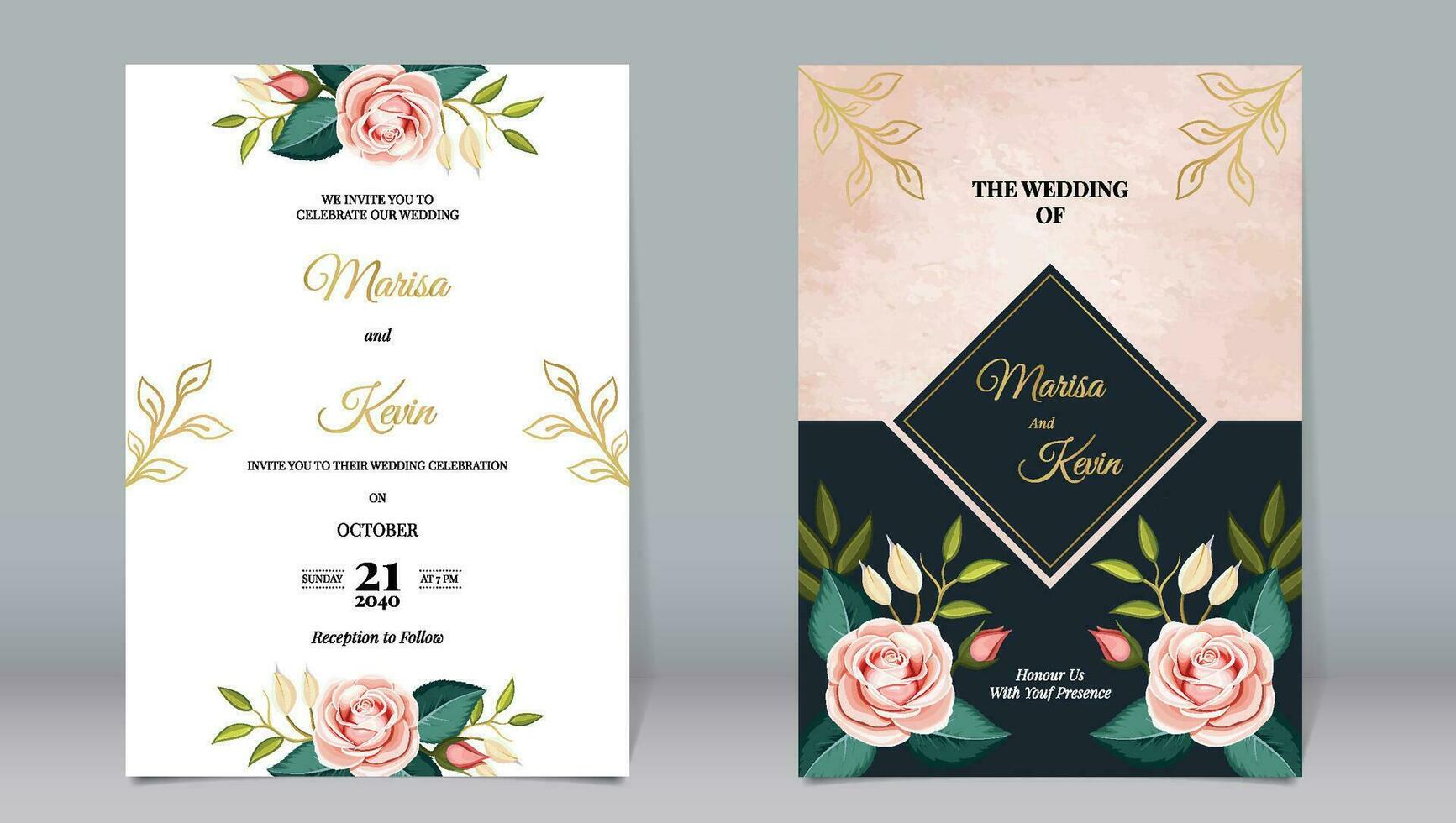 lujo Boda invitación rosado Rosa flores y hojas oscuro elementos decorado con acuarela antecedentes vector