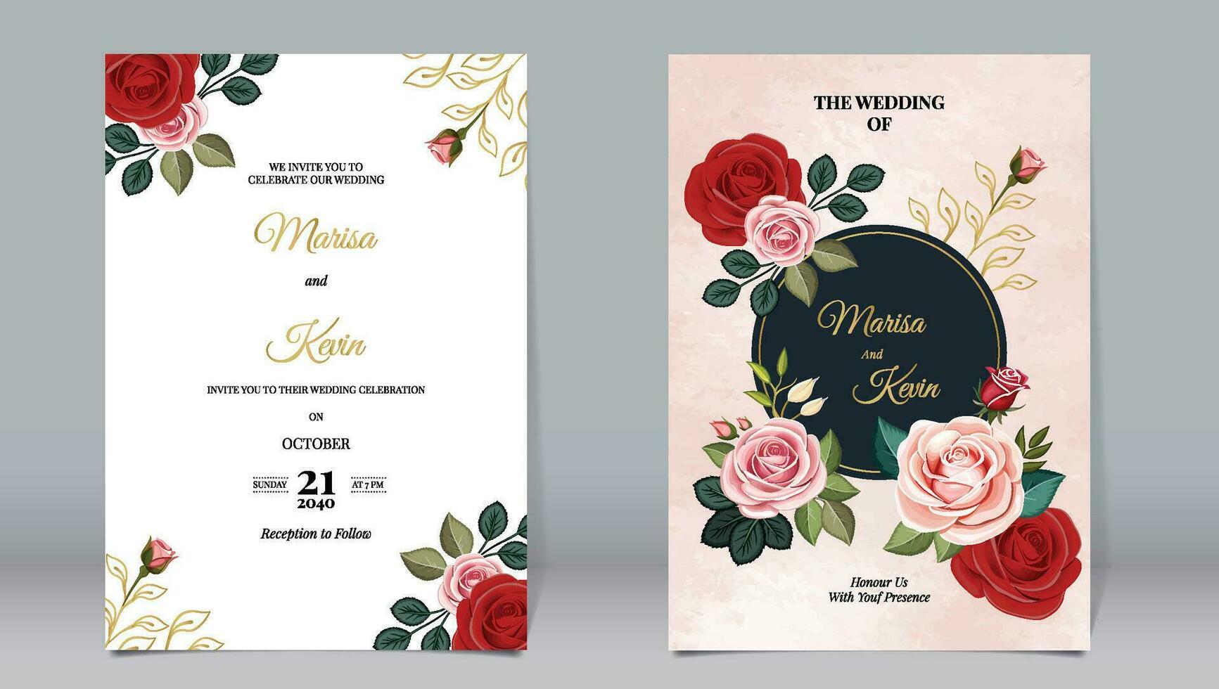 Luxury wedding invitation of red and pink roses with watercolor background vector