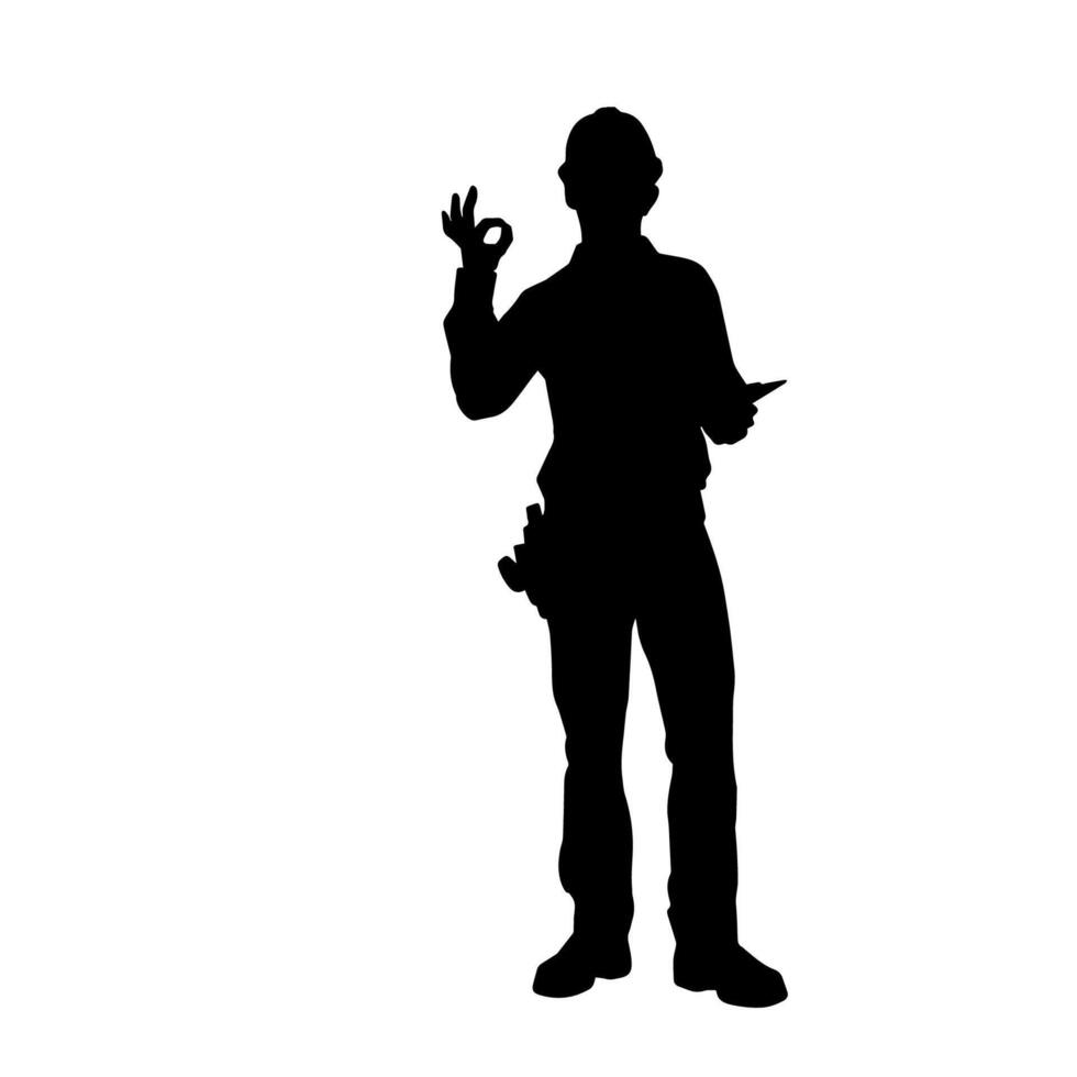 Silhouette of man in construction worker costume. Silhouette of construction worker male in pose. vector