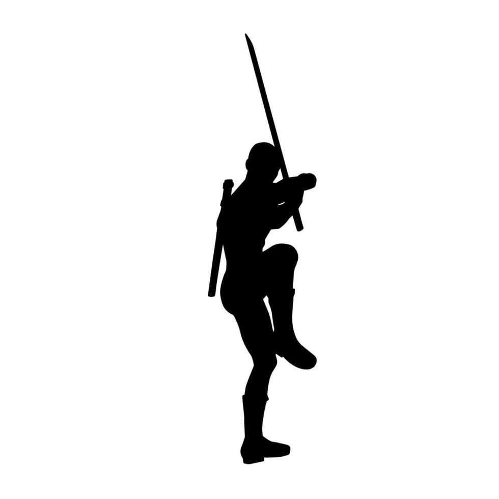 Silhouette of a male warrior in action pose with sword weapon. Silhouette of a man fighter carrying sword weapon. vector