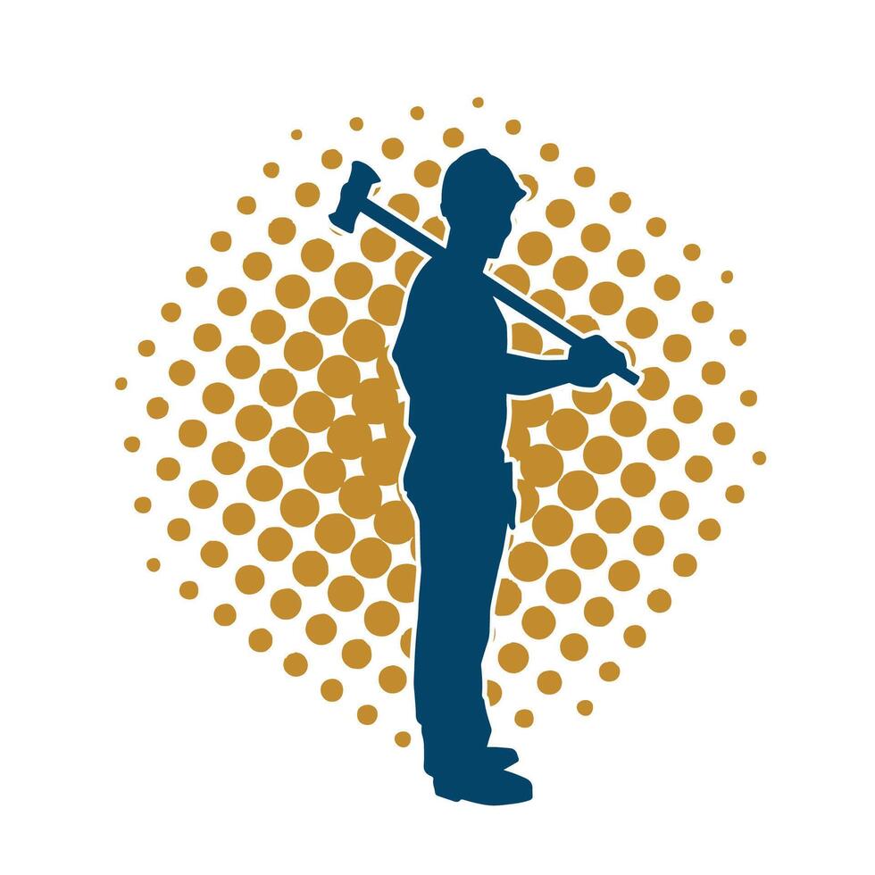 Silhouette of a worker in action pose using his sledge hammer tool. vector