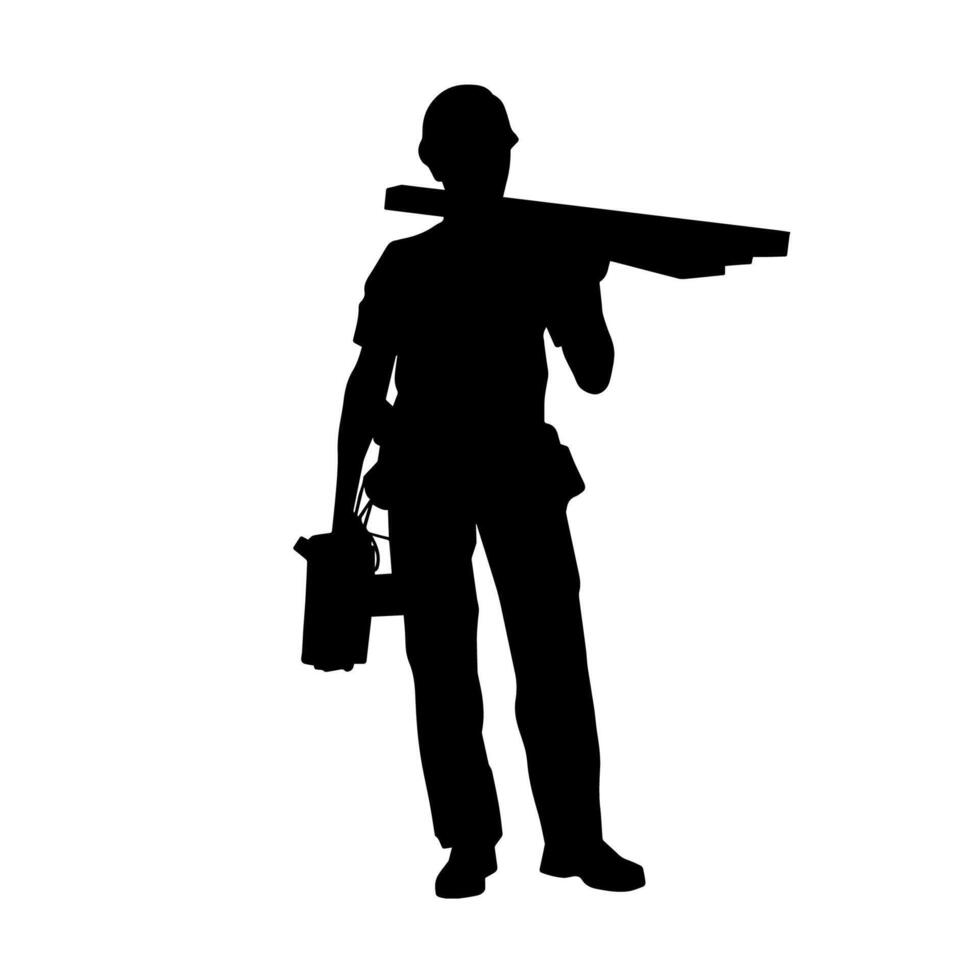 Silhouette of a construction worker carrying wood boards. vector