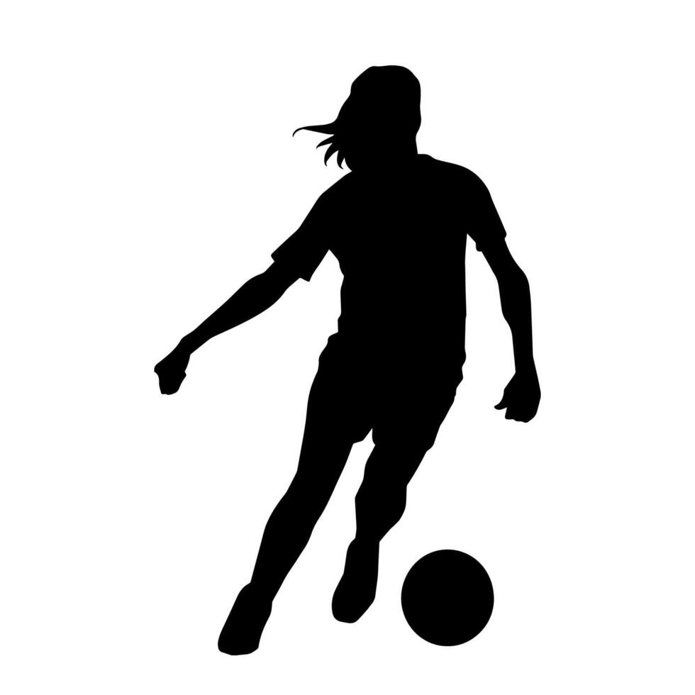 Silhouette of a female soccer player kicking a ball. Silhouette of a football player woman in action pose. vector